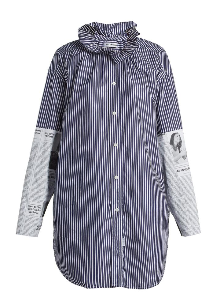 Balenciaga Ruffle-neck Newsprint-panelled Cotton Blouse