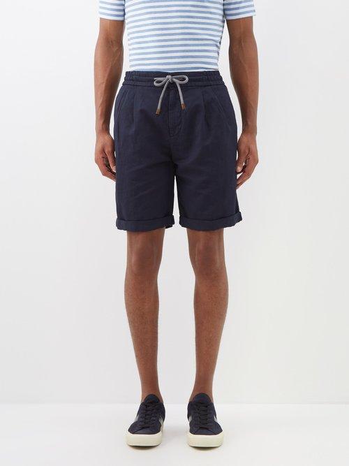 Brunello Cucinelli - Drawstring-waist Linen-blend Gabardine Shorts - Mens - Navy