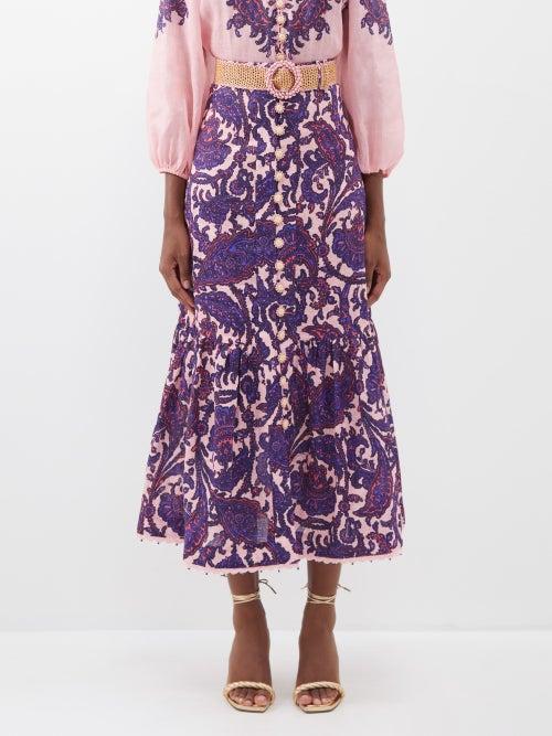 Zimmermann - Tiggy Floral-print Frilled-hem Linen Skirt - Womens - Purple Print
