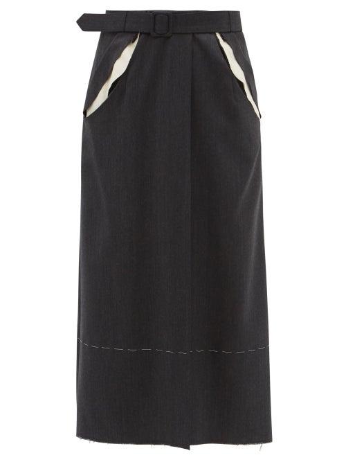 Matchesfashion.com Maison Margiela - Raw-edge Wool-herringbone Midi Skirt - Womens - Dark Grey