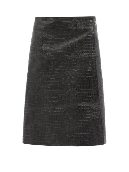 Totme - Wrap-front Crocodile-effect Leather Midi Skirt - Womens - Black
