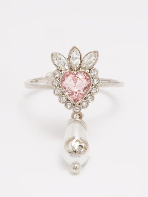 Gucci - Faux-pearl & Crystal-heart Ring - Womens - Pink Multi