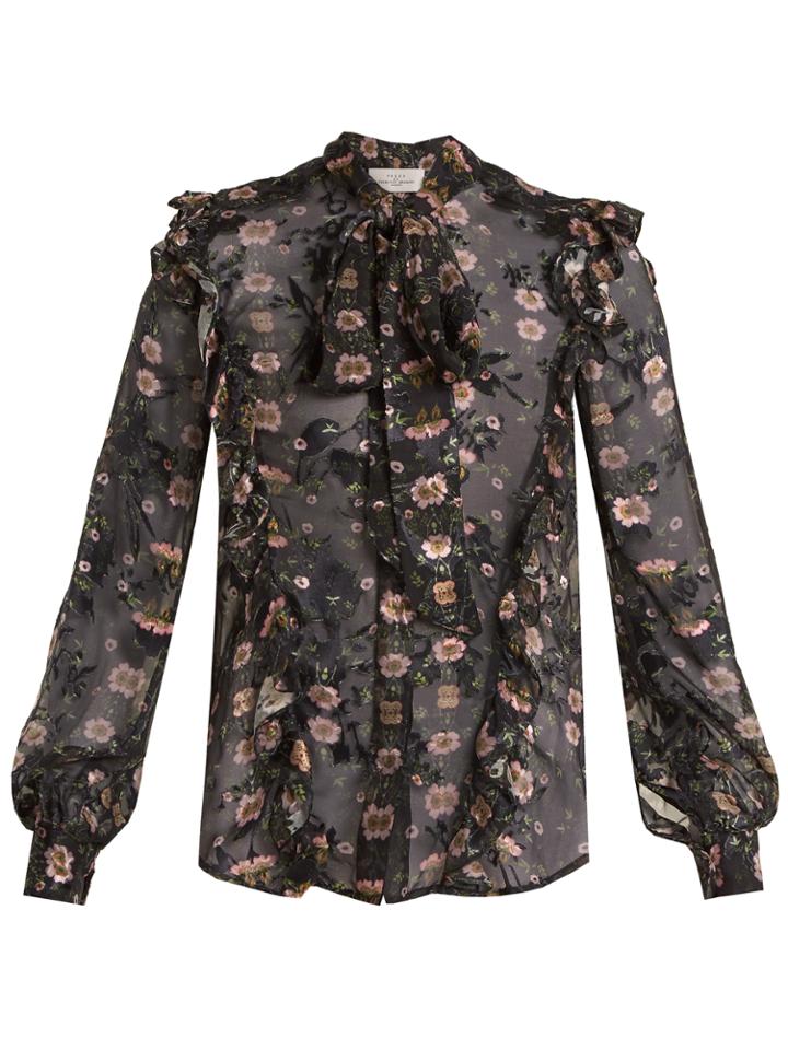 Preen By Thornton Bregazzi Billy Tie-neck Floral-devor Silk-blend Blouse