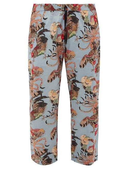 Matchesfashion.com Nipoaloha - Cockerel-print Cropped Cotton-poplin Trousers - Mens - Blue Multi