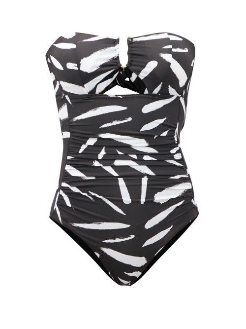 Matchesfashion.com Self-portrait - Brushstroke-print Bandeau Swimsuit - Womens - Black Print