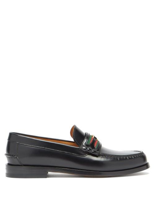 Matchesfashion.com Gucci - Kaveh Web-striped Leather Loafers - Mens - Black