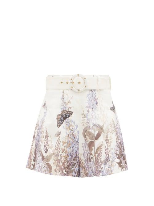 Matchesfashion.com Zimmermann - Luminous Belted Floral-print Linen Shorts - Womens - Purple White