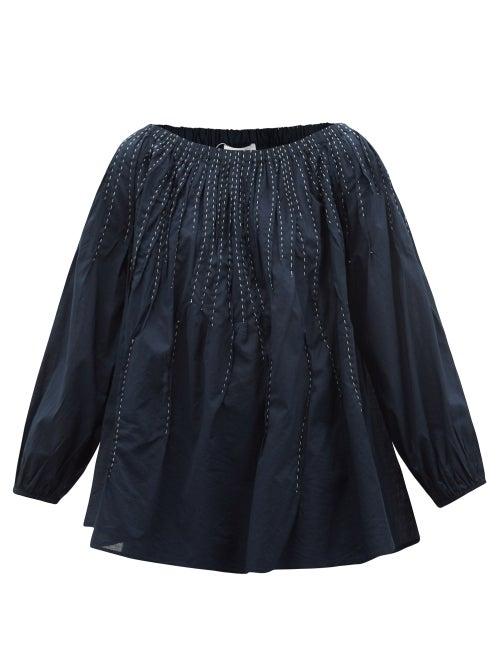 Ladies Beachwear Merlette - Wilding Hand-embroidered Cotton Blouse - Womens - Navy