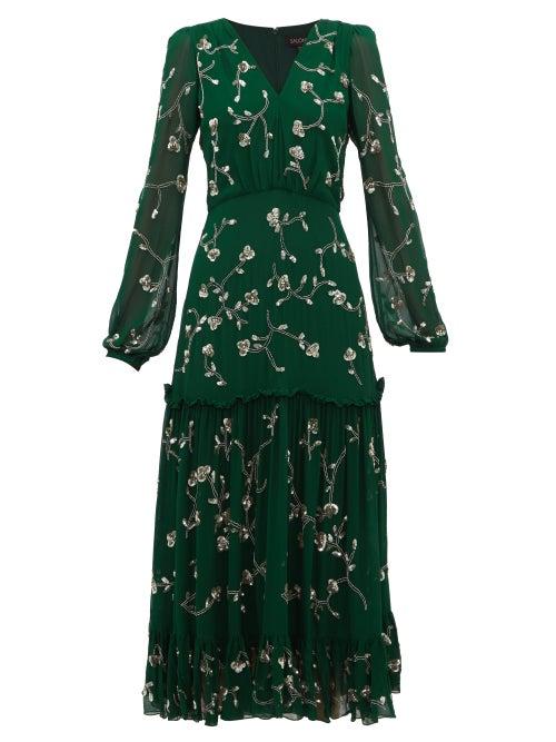 Matchesfashion.com Saloni - Devon Sequin Floral Embroidered Midi Dress - Womens - Dark Green