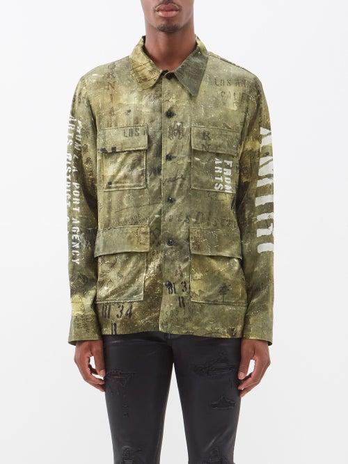 Amiri - Army Stencil M-65-print Satin Shirt - Mens - Khaki