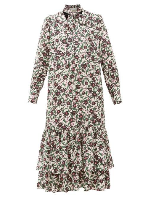 Matchesfashion.com La Doublej - Good Witch Scrambled Floral-print Pussy-bow Dress - Womens - Multi