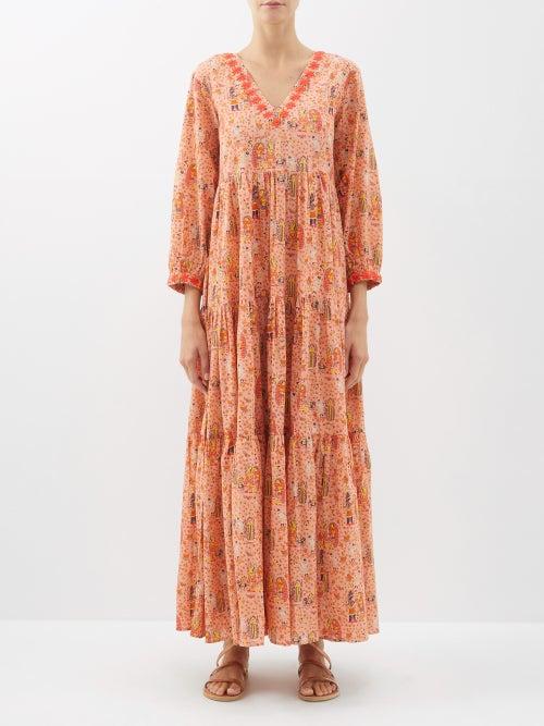 Muzungu Sisters - Frangipani Blessing-print Cotton Maxi Dress - Womens - Coral Multi
