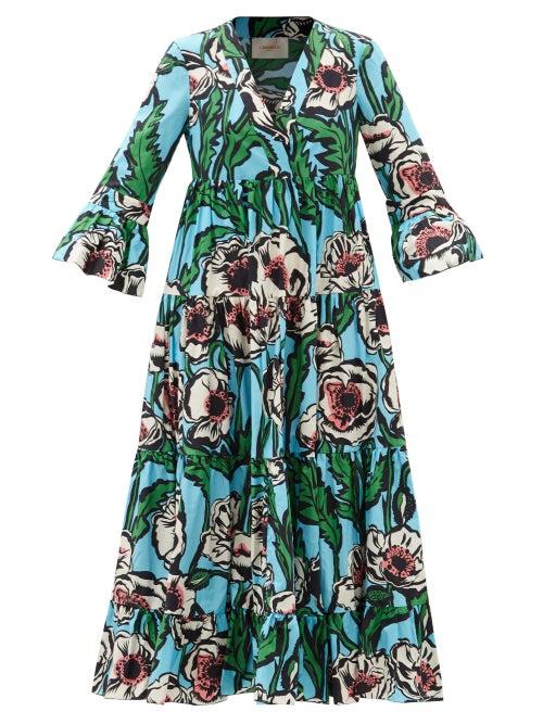 Ladies Beachwear La Doublej - Jennifer Jane Floral-print Cotton Midi Dress - Womens - Blue Print