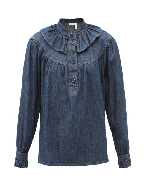 Matchesfashion.com See By Chlo - Flou Ruffled Peter Pan-collar Denim Shirt - Womens - Indigo
