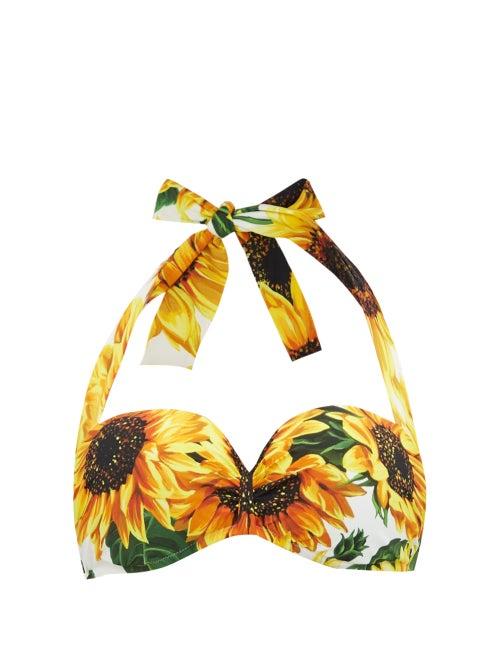 Matchesfashion.com Dolce & Gabbana - Sunflower Print Halterneck Bikini Top - Womens - Yellow Print