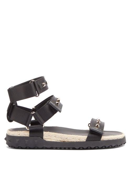 Matchesfashion.com Valentino Garavani - Rockstud Canvas And Jute Sandals - Womens - Black