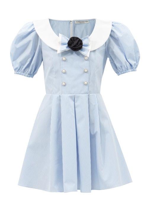 Alessandra Rich - Rosette Striped Cotton-poplin Mini Dress - Womens - Light Blue