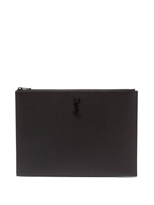 Matchesfashion.com Saint Laurent - Ysl-plaque Grained-leather Pouch - Mens - Black