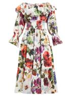 Matchesfashion.com Dolce & Gabbana - Floral Print Cotton Midi Dress - Womens - White Multi