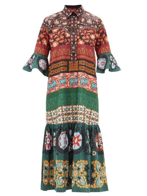 La Doublej - Artemis Patchwork-print Poplin Midi Dress - Womens - Multi
