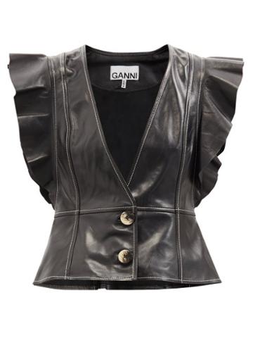 Ladies Rtw Ganni - Ruffled Leather Top - Womens - Black
