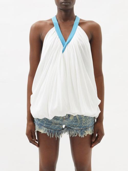 Loewe Paula's Ibiza - Pleated-crepe Tank Top - Womens - White/blue