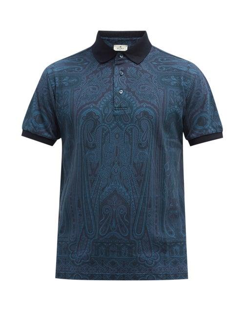 Etro - Paisley-print Cotton-piqu Polo Shirt - Mens - Blue
