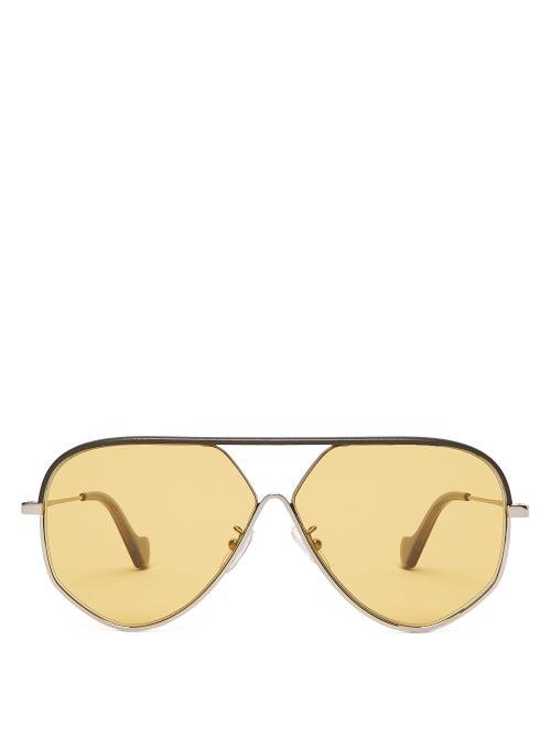Matchesfashion.com Loewe - Leather Trim Aviator Metal Sunglasses - Mens - Yellow