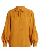 Matchesfashion.com Fendi - Heart Embroidered Tie Neck Silk Shirt - Womens - Yellow