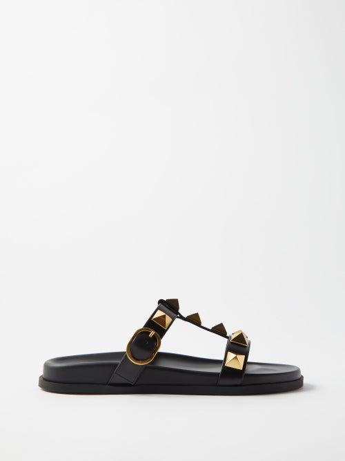 Valentino Garavani - Roman Stud 0.5 T-strap Leather Slides - Womens - Black
