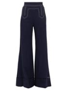 Matchesfashion.com Khaite - Vera Contrast Stitch Wide Leg Trousers - Womens - Navy