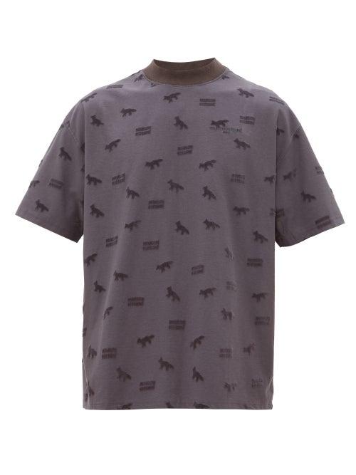 Matchesfashion.com Maison Kitsun - Logo Embroidered Flocked Cotton Blend T Shirt - Mens - Dark Grey