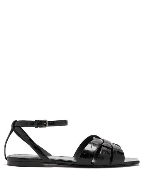 Matchesfashion.com Saint Laurent - Tribute Crocodile-effect Leather Sandals - Womens - Black