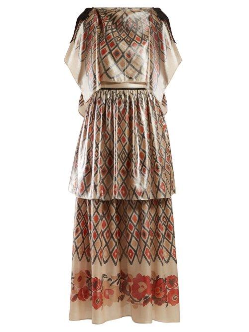 Matchesfashion.com Fendi - Caped Diamond Print Metallic Crepe Gown - Womens - Beige Multi