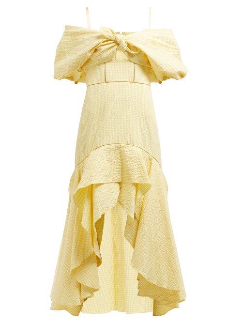 Matchesfashion.com Jonathan Simkhai - Off The Shoulder Gingham Seersucker Dress - Womens - Yellow Multi