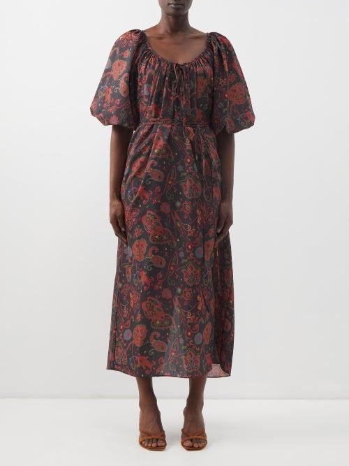 Fil De Vie - Aurora Paisley-print Batiste Midi Dress - Womens - Red Print