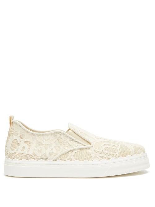Chlo - Lauren Lace-covered Leather Trainers - Womens - Light Beige