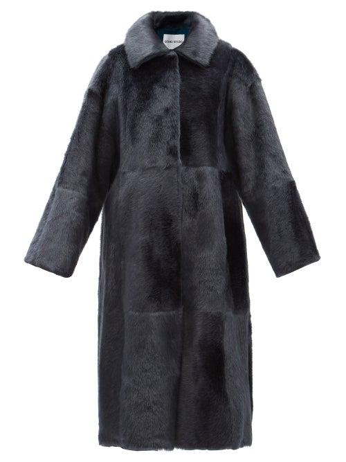 Stand Studio - Inez Check Faux-fur Coat - Womens - Navy