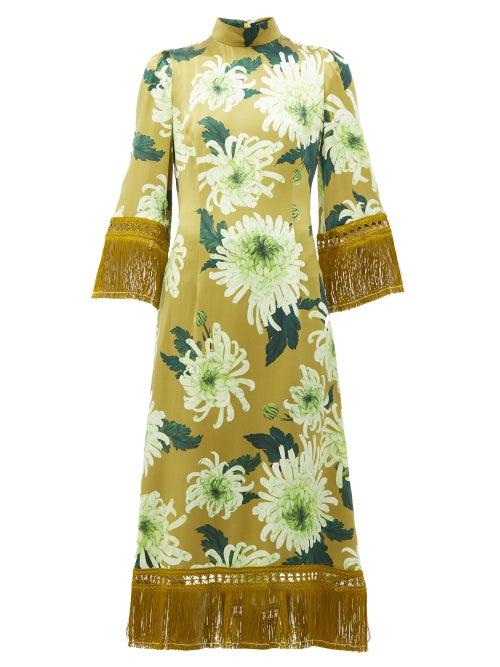 Matchesfashion.com Andrew Gn - Tasselled Floral Print Silk Blend Dress - Womens - Green Multi