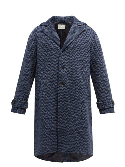 Mens Rtw Etro - Single-breasted Herringbone-wool Coat - Mens - Blue