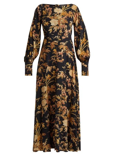 Matchesfashion.com Zimmermann - Basque Floral Print Silk Blend Dress - Womens - Brown Print