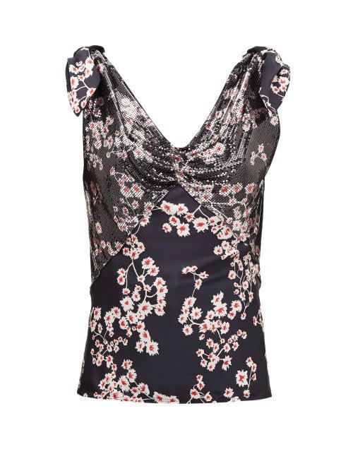 Matchesfashion.com Paco Rabanne - Floral-print Chainmail And Satin Camisole - Womens - Black Multi