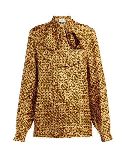 Matchesfashion.com Gucci - Gg Print Pussy Bow Silk Blouse - Womens - Black Gold