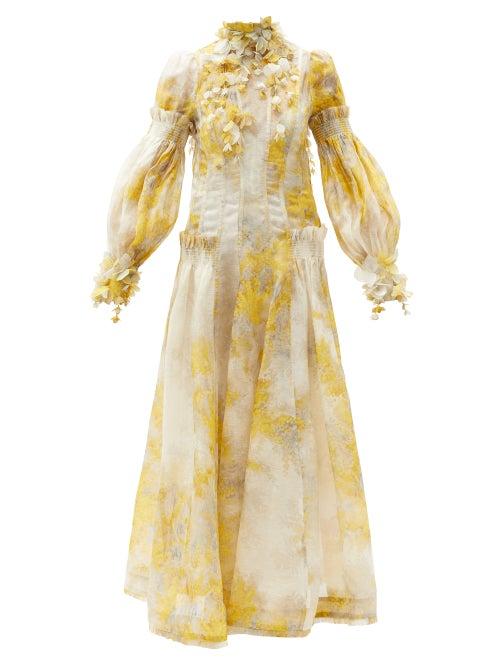 Matchesfashion.com Zimmermann - Botanica Wattle-print Linen-blend Organza Dress - Womens - Yellow Print