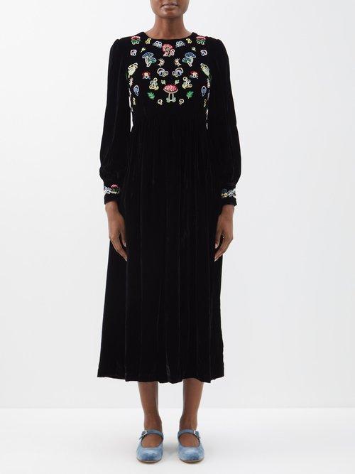 Muzungu Sisters - Emma Mushroom-embroidered Velvet Midi Dress - Womens - Black Multi