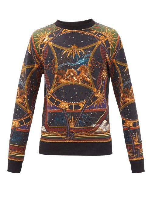 Matchesfashion.com Balmain - Horse And Zodiac-print Cotton-jersey Sweatshirt - Mens - Black