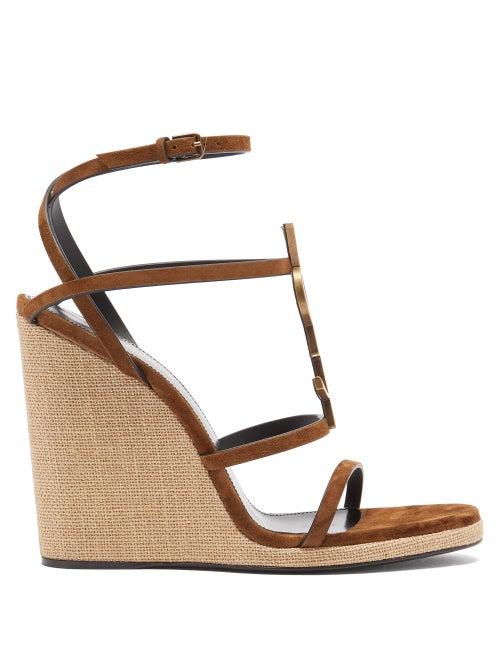 Matchesfashion.com Saint Laurent - Cassandra Ysl-monogram Suede Wedge Sandals - Womens - Tan