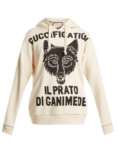 Matchesfashion.com Gucci - Wolf Head Print Cotton Jersey Hooded Sweatshirt - Womens - White Black