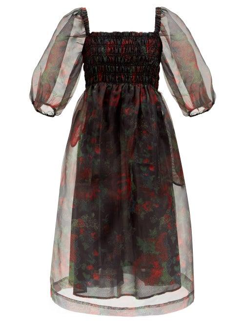 Matchesfashion.com Ganni - Floral-print Puff-sleeve Shirred Organza Dress - Womens - Black Red