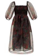 Matchesfashion.com Ganni - Floral-print Puff-sleeve Shirred Organza Dress - Womens - Black Red